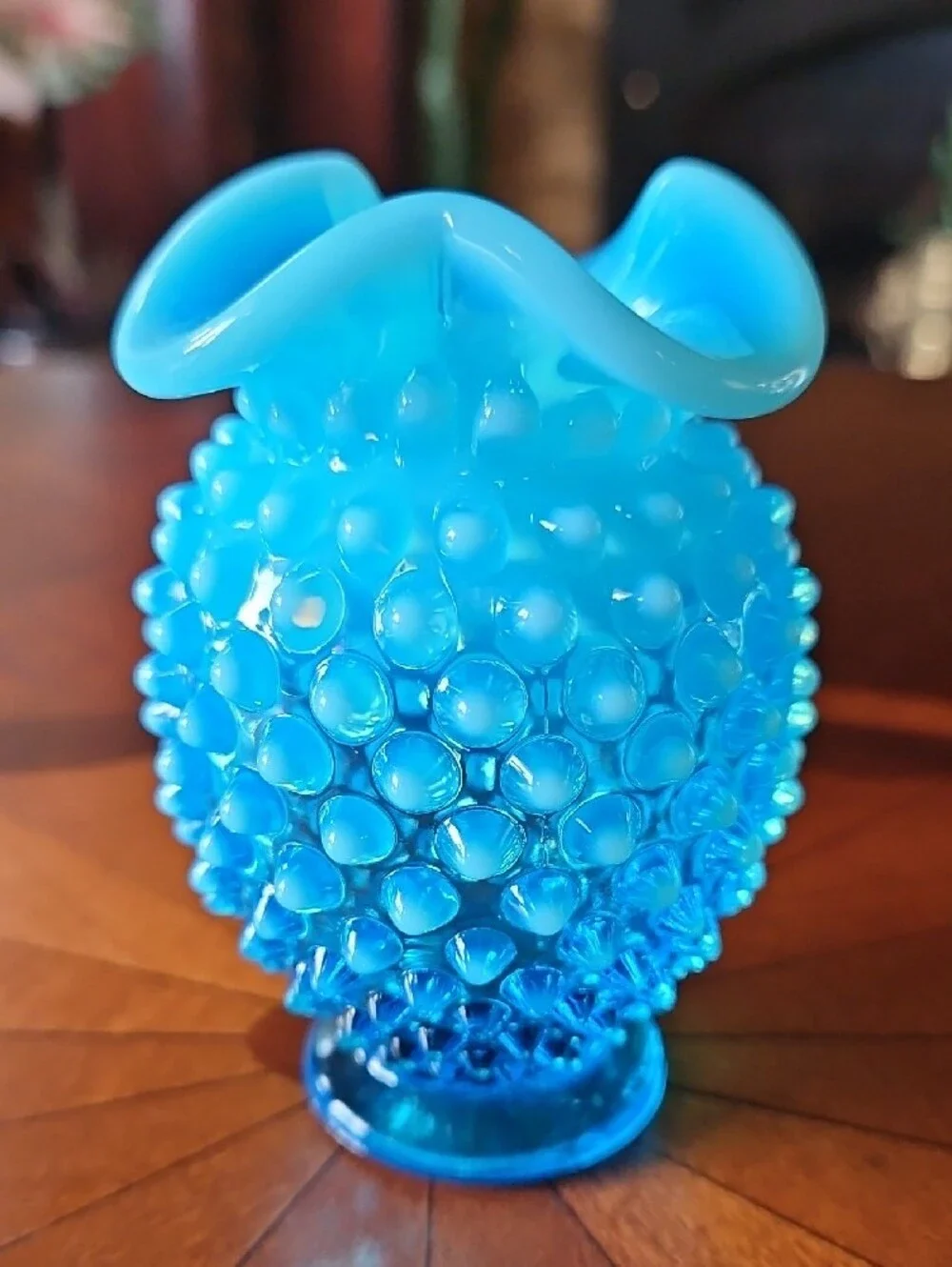 Vintage Fenton Blue Opalescent Hobnail Crimped Ruffled Glass Miniature Vase